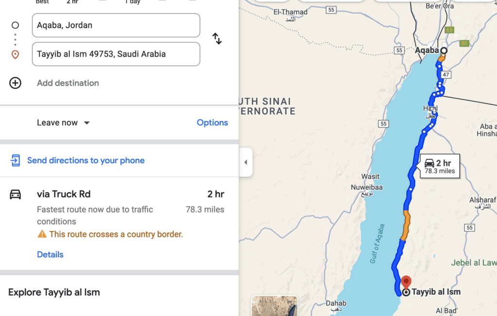 Google Maps: Aqaba to Wadi tayyib al Ism by Car